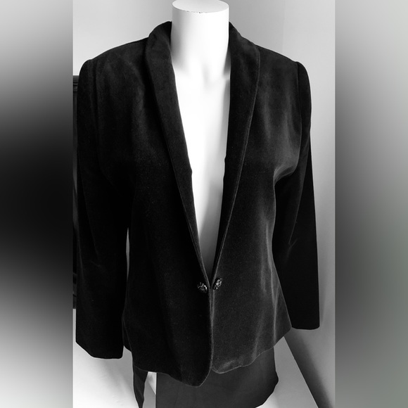 Black thick cotton velvet blazer single button tuxedo shawl collar high neck 12 - Picture 7 of 16